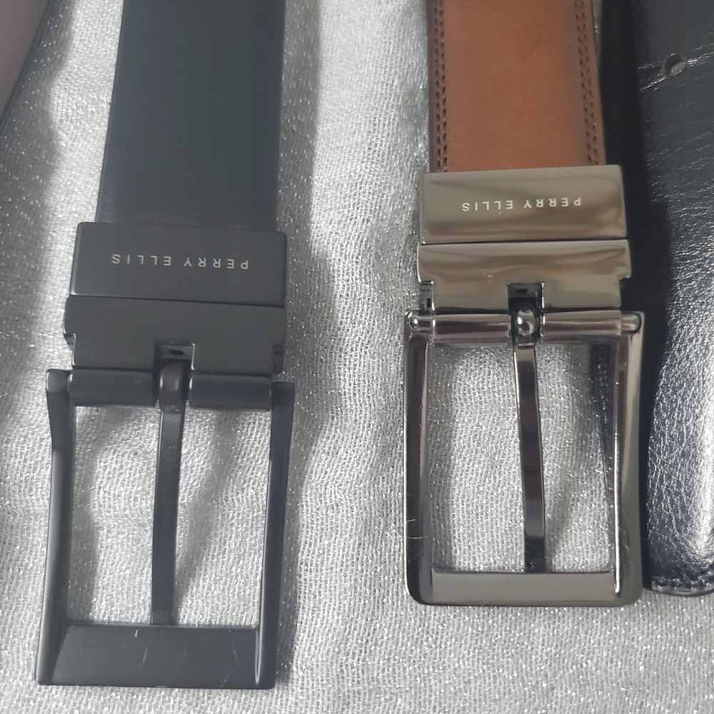 Perry Ellis Mens Leather Belt Set 2-Pack Black Brown Tan Size 38/95